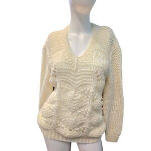 JF Adams Cream Chunky Hand Knit Sweater Womens Size Large Fall Winter Vintage 80